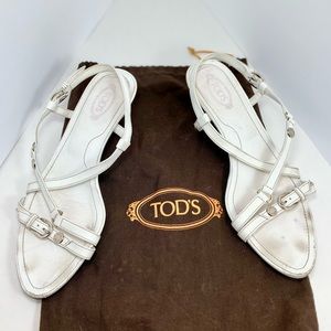 Tod’s White Leather Strap Kitten Heel Sandals 100% AUTHENTIC Sz 38 Euro 🇮🇹